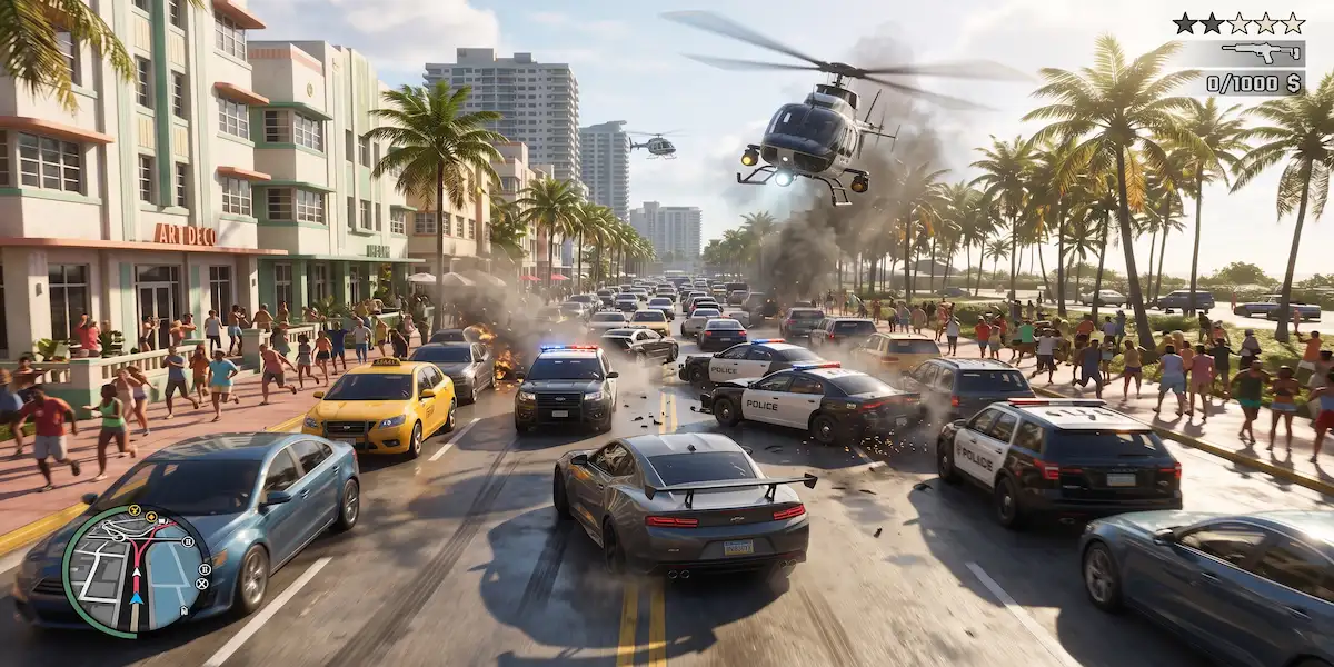 Ilustração conceitual de perseguição policial em GTA 6 com carros, helicóptero e trânsito intenso em Vice City