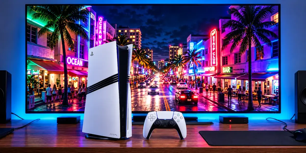 PS5 Pro Setup Gamer com GTA 6 em Vice City Console PlayStation 5 Pro e controle DualSense sobre uma mesa de madeira em um setup gamer, com monitor ao fundo exibindo rua iluminada por neons em Vice City
